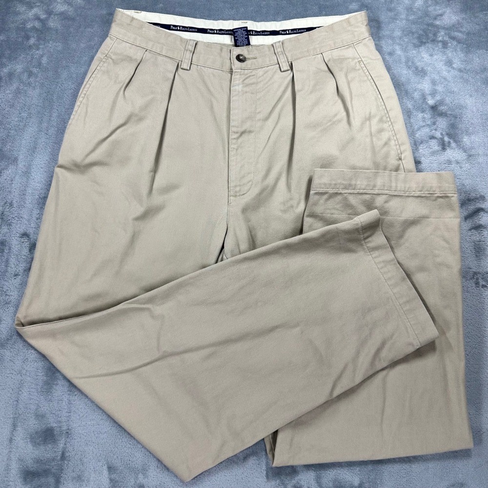 Polo Ralph Lauren Andrew Pant Mens 32x30 Tan Khaki Double Pleated Cotton Chinos